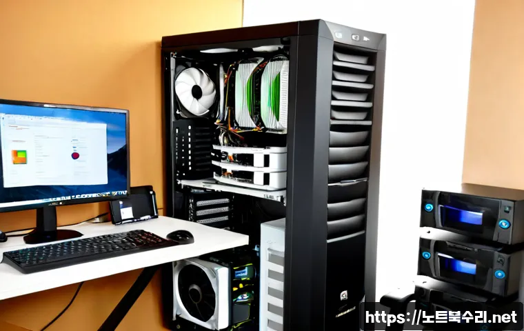교문동 쿨러조립 및 교체수리 - Photorealistic PC repair workstation in Gyomun-dong, technician installing a large tower CPU air coo...