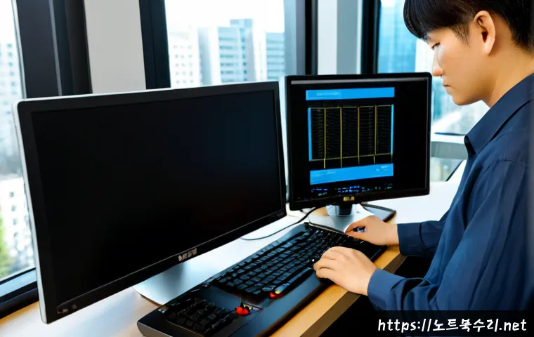 중앙동 THREAD_TERMINATION_PORT - Photorealistic remote-support workstation in a compact downtown office, dual monitors showing an unb...