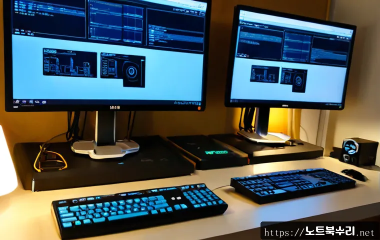와동 STATUS_INVALID_DISPOSITION - Photorealistic remote-support workstation in a compact Korean apartment office, dual monitors showin...