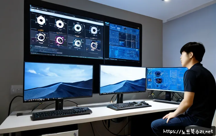 지금동 VIDEO_MEMORY_MANAGEMENT_INTERNAL - Photorealistic remote-support workstation in a modern apartment near Jigeum-dong, dual monitors show...
