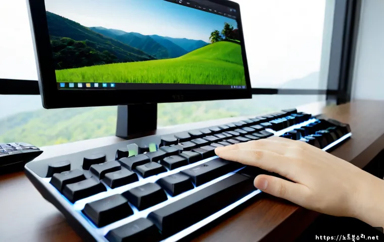 와부읍 f4키 누르라고 할때 - Photorealistic remote-support scene in a modern Wabu-eup home office, close-up of a hand pressing th...