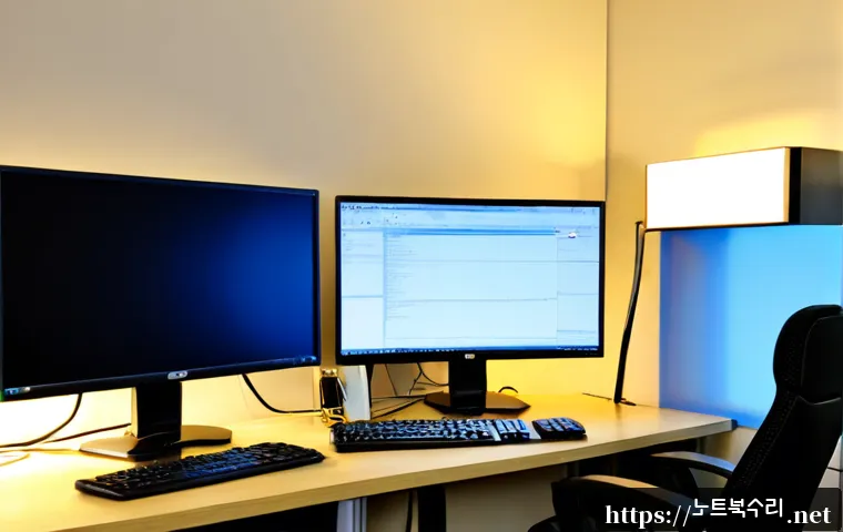 청천동 STATUS_MODULE_NOT_FOUND - Photorealistic Korean IT support workstation in a compact Cheongcheon-dong office, dual monitors sho...