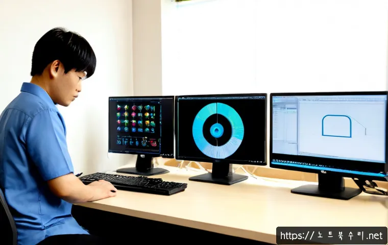 세류동 STATUS_DATATYPE_MISALIGNMENT - Photorealistic IT support workstation in a compact Suwon apartment office, dual monitors showing abs...
