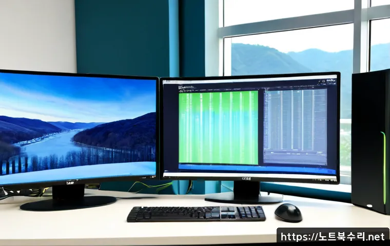 남양주 STATUS_KERNEL_DRIVER_CORRUPTION - Photorealistic IT support workstation in Namyangju, dual monitors showing a frozen blue-toned abstra...