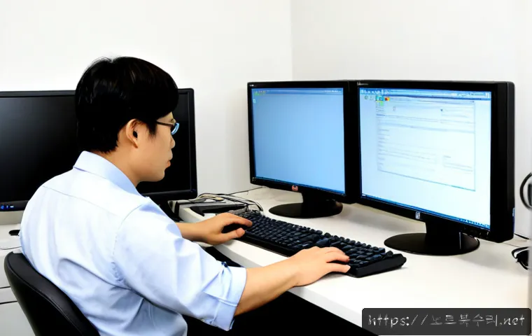 원천동 STATUS_MEMORY_ACCESS_DENIED - Photorealistic IT support workstation in a modern Woncheon-dong office, engineer troubleshooting a d...