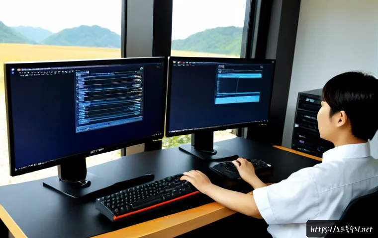 미양면 SESSION5_INITIALIZATION_FAILED - Photorealistic remote-support workstation in a quiet rural Korean office near Misan-myeon, technicia...
