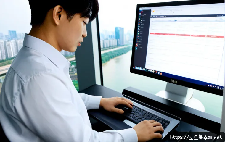 여의도 부트캠프설치 - Photorealistic IT support workstation in a sleek Yeouido office tower, technician configuring a dual...