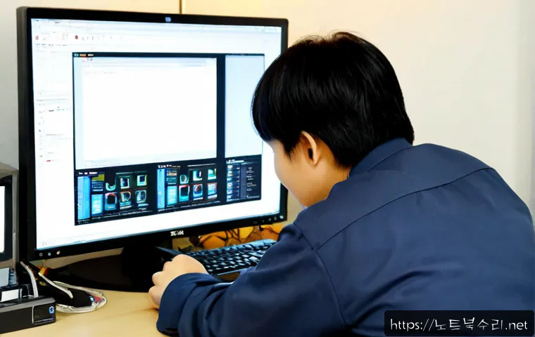 누읍동 STATUS_KERNEL_BOOT_FAILURE - Photorealistic IT support workstation in a quiet Neup-dong apartment office, dual monitors showing a...