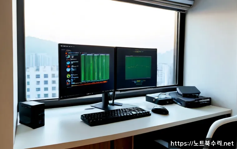 도화동 VIDEO_DRIVER_INIT_FAILURE - Photorealistic IT support workstation in a compact Dohwa-dong office, dual monitors with one screen ...