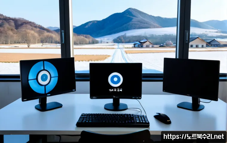 창수면 STATUS_KERNEL_THREAD_TIMEOUT - Photorealistic remote IT support workstation in a quiet rural Korean office, dual monitors showing a...