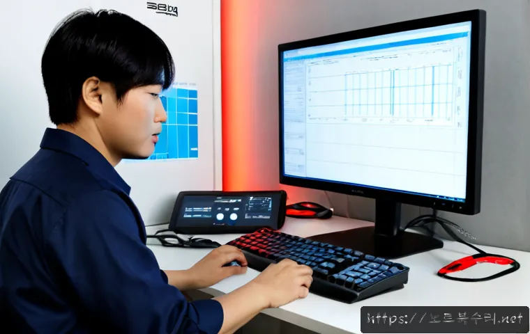 발화동 STATUS_IO_ERROR - Photorealistic IT support workstation in a compact Korean office, technician reviewing a desktop sto...