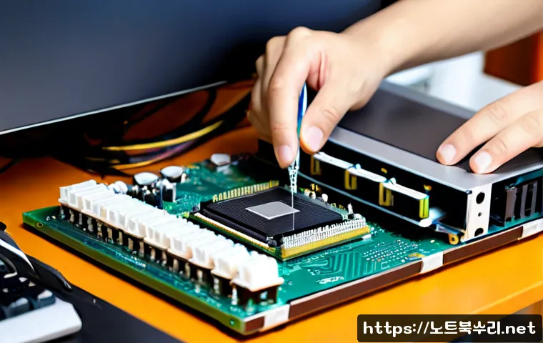 송죽동 cpu조립 및 교체수리 - Photorealistic computer repair bench in a compact Songjuk-dong neighborhood workshop, technician car...