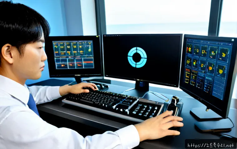 해곡동 STATUS_CONTROL_C_EXIT - Photorealistic remote-support workstation in a compact coastal Korean district office, an IT technic...