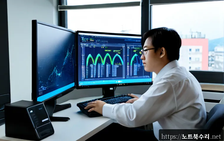 재궁동 STATUS_KERNEL_SECURITY_CHECK - Photorealistic IT support workstation in a compact Korean neighborhood office, dual monitors showing...