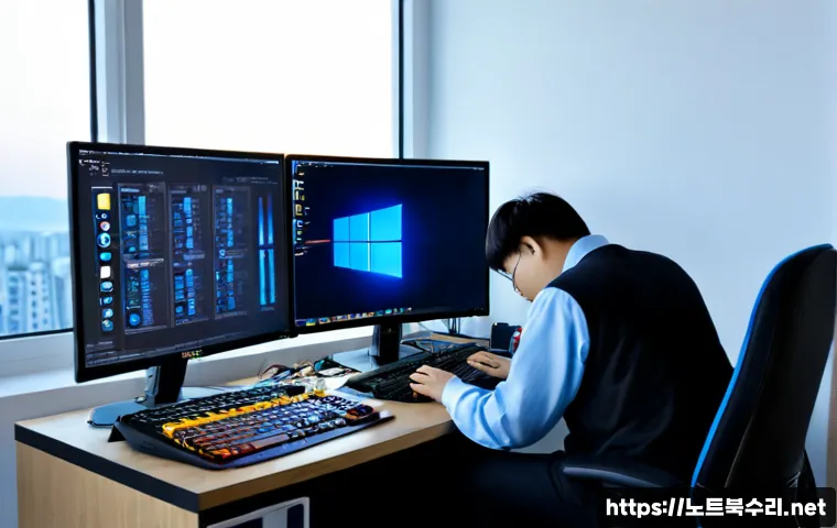 배알미동 WHEA_UNCORRECTABLE_ERROR - Photorealistic PC repair workstation in a compact Baegalmidong apartment office, technician examinin...
