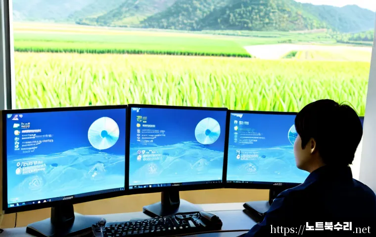 호법면 CLOCK_WATCHDOG_TIMEOUT - Photorealistic remote-support workstation in a quiet Korean semi-rural office, dual monitors showing...