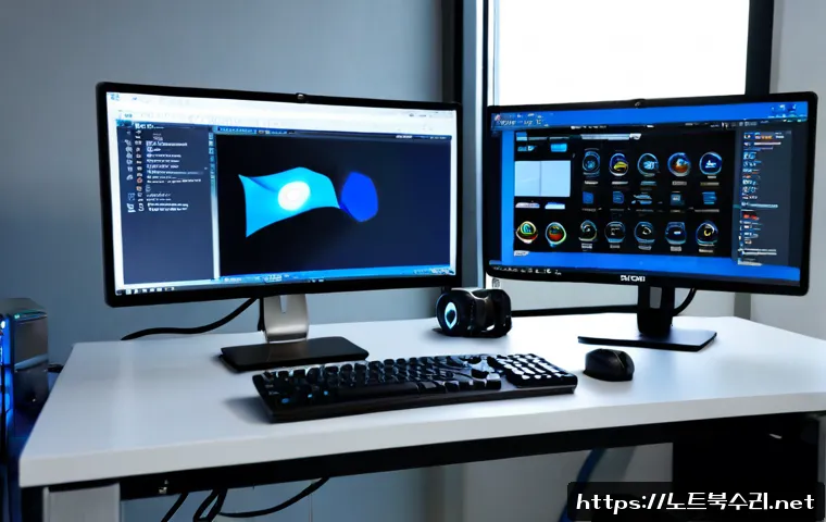 오정구 VIDEO_DRIVER_INIT_FAILURE - Photorealistic IT workstation in a compact Bucheon Ojeong industrial design office, dual monitors wi...