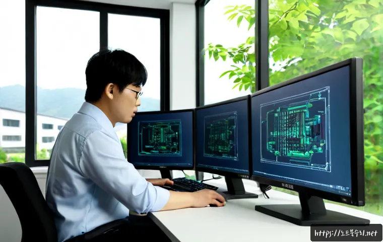 금이동 STATUS_NETWORK_ACCESS_DENIED - Photorealistic IT support workstation in a modern Korean office, dual monitors showing abstract lock...