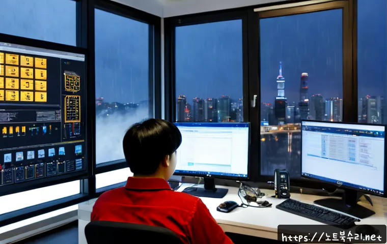 병점동 SOFTWARE_EXCEPTION - Photorealistic IT support specialist at a dual-monitor workstation in a compact Korean office, one s...