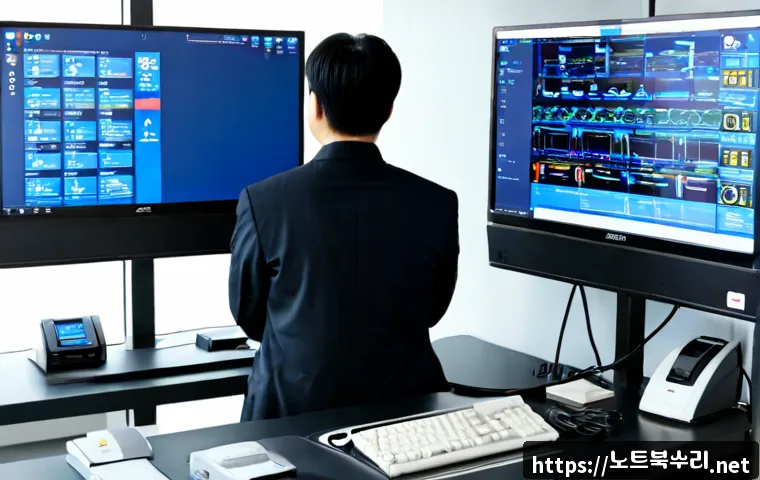 서린동 STATUS_KERNEL_DATA_CORRUPTION - Photorealistic IT support workstation in a compact central Seoul office, dual monitors showing a non...