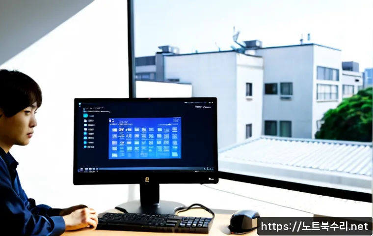 언남동 KERNEL_MODE_HEAP_CORRUPTION - Photorealistic remote-support workstation in a quiet Korean suburban office, desktop monitor showing...