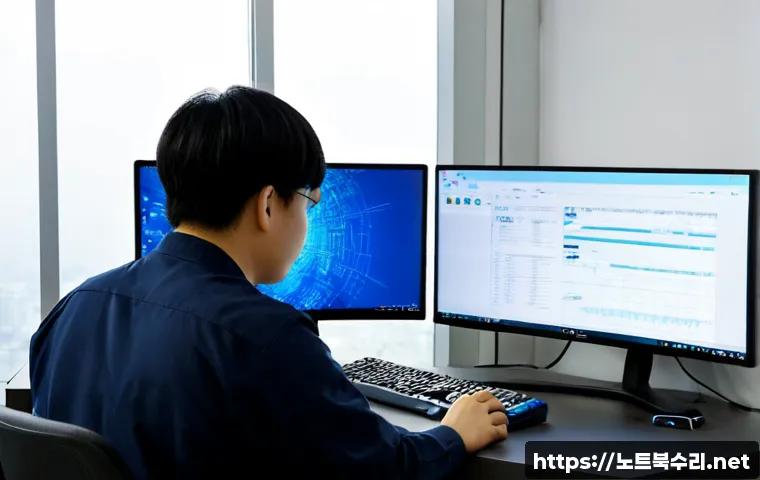 해곡동 STATUS_KERNEL_DRIVER_CORRUPTION - Photorealistic remote IT support workstation in a compact Haegok-dong office, dual monitors showing ...