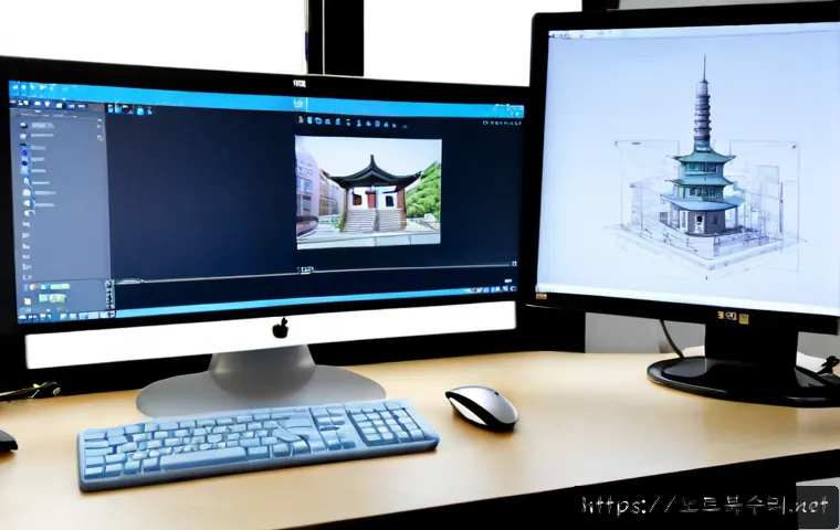 양화동 pc에 문제가 발생하여 다시 시작해야 합니다 - Photorealistic desktop workstation in a compact Yanghwa-dong design studio, dual monitors showing a ...