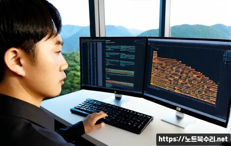 호평동 STATUS_FILE_LOCK_CONFLICT - Photorealistic IT support workstation in a modern Korean apartment office, dual monitors showing a c...