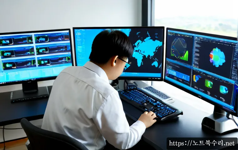 청북면 NTFS_FILE_SYSTEM - Photorealistic IT technician in a modern workstation office near a quiet agricultural district, diag...