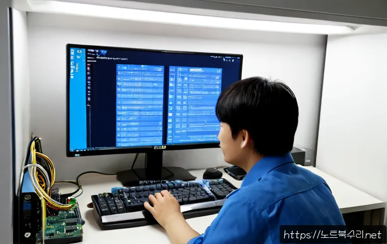 지산동 DRIVER_PORTION_MUST_BE_NONPAGED - Photorealistic IT support workstation in Jisan-dong, a desktop computer showing an abstract blue sys...