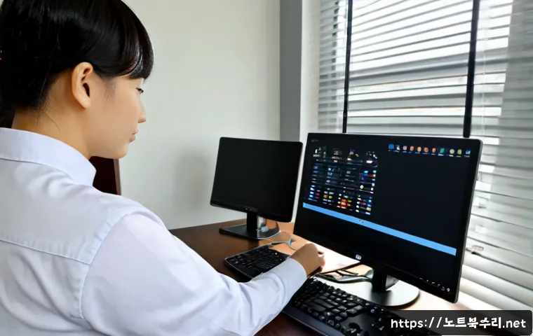 주안동 STATUS_PAGE_FAULT - Photorealistic remote-support workstation in a compact Juandong office, dual monitors showing a blan...
