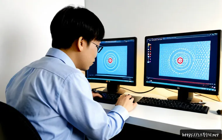 동구동 STATUS_SECURITY_POLICY_VIOLATION - Photorealistic IT support workstation in a compact Korean apartment office, dual monitors showing an...