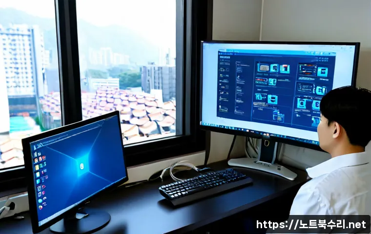 세류동 STATUS_KERNEL_DRIVER_CORRUPTION - Photorealistic IT support workstation in a compact Seru-dong apartment office, dual monitors showing...