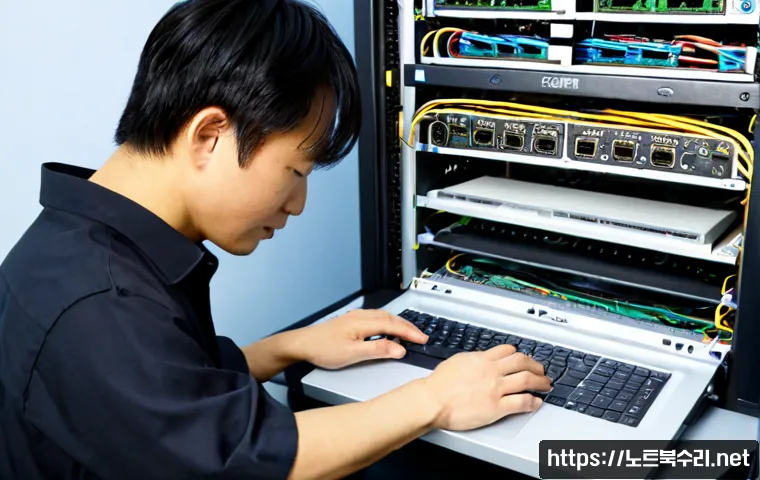 하성면 서버출장방문수리점 - Photorealistic server technician repairing a compact rack server in a bright small-business office, ...