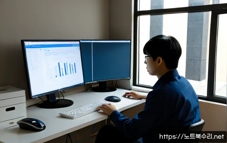 지동 STATUS_FILE_READ_FAILURE - Photorealistic IT support workstation in a compact Jidong neighborhood office, technician studying a...