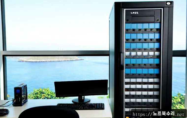 북도면 STATUS_DISK_NOT_INITIALIZED - Photorealistic IT support workstation in a quiet coastal island office, technician viewing an uninit...
