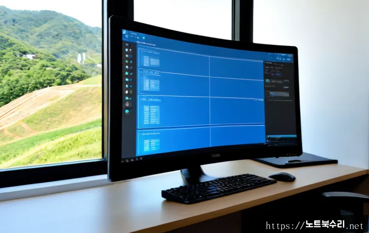 무학동 CRITICAL_PROCESS_DIED - Photorealistic IT support workstation in a compact urban office, dual monitors showing a blank blue ...