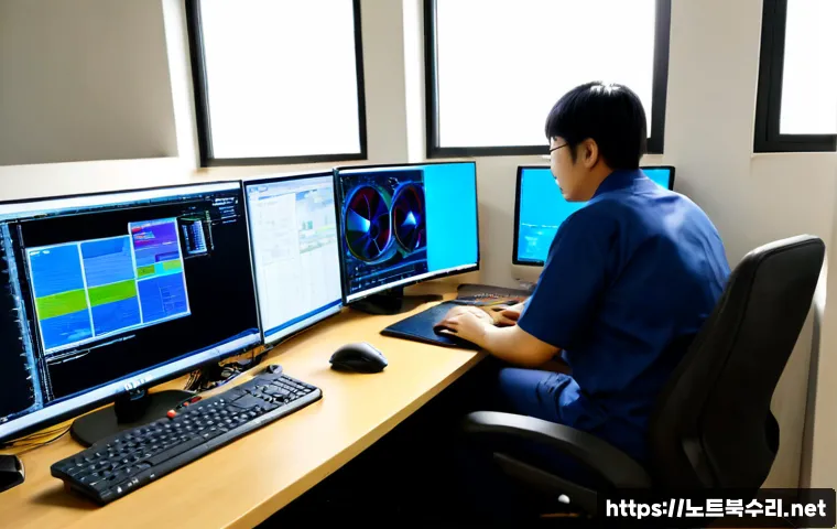 고림동 DRIVER_PORTION_MUST_BE_NONPAGED - Photorealistic IT support workstation in a quiet Gorym-dong apartment office, dual monitors showing ...