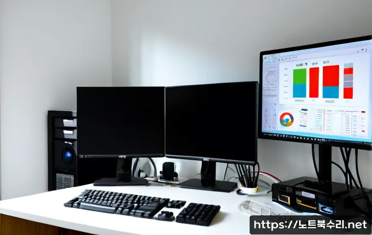 서현동 SESSION_HAS_NO_PAGEFILE - Photorealistic compact IT support workstation in a Seohyeon-dong apartment office, dual monitors sho...