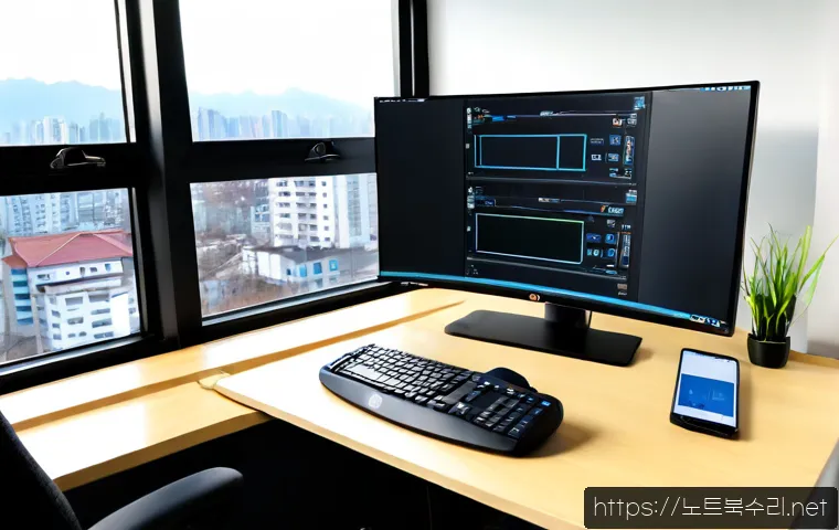 하대원동 STATUS_DISK_FULL - Photorealistic remote-support workstation in a compact Hadaewon-dong apartment office, dual monitors...