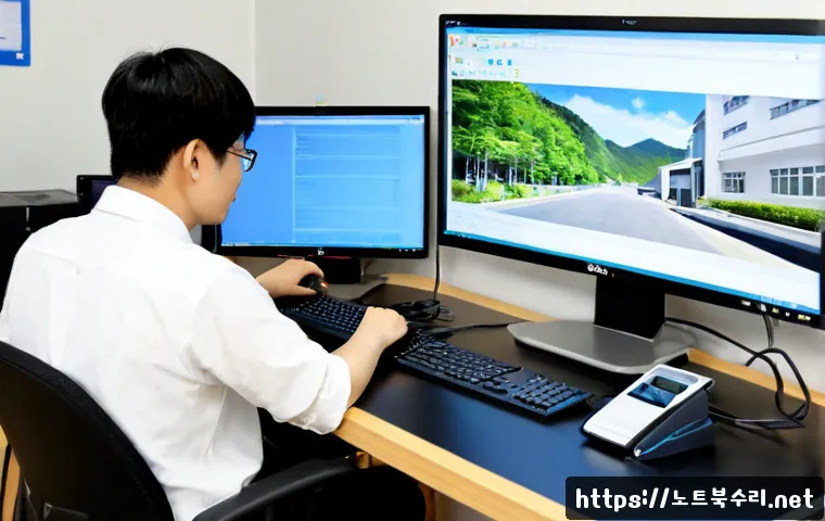 진위면 부트캠프설치 - Photorealistic PC workstation in a quiet Jinwi-myeon training office, technician configuring a dual-...