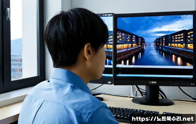 영등포구 STATUS_SYSTEM_PROCESS_TERMINATED - Photorealistic remote-support workstation in Yeongdeungpo, a frustrated office technician viewing a ...