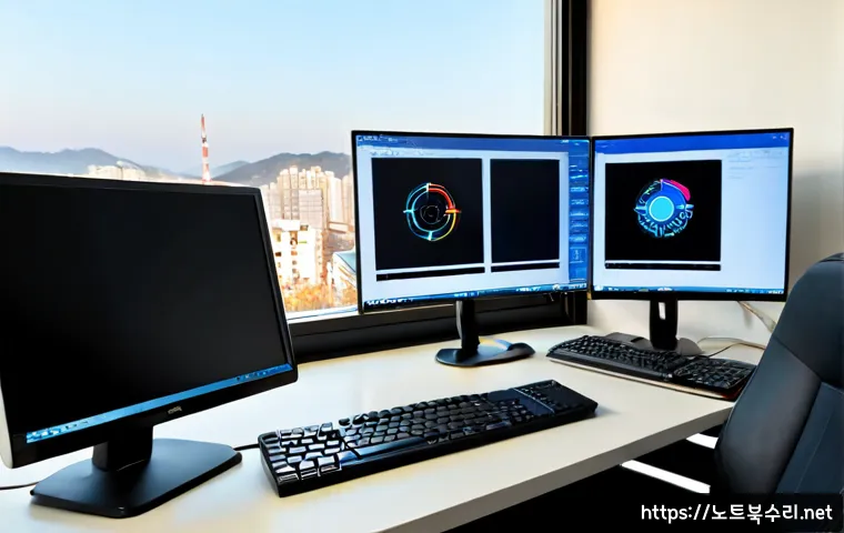 낙성대동 STATUS_KERNEL_ACCESS_DENIED - Photorealistic IT support workstation in a compact Nakseongdae neighborhood office, dual monitors sh...