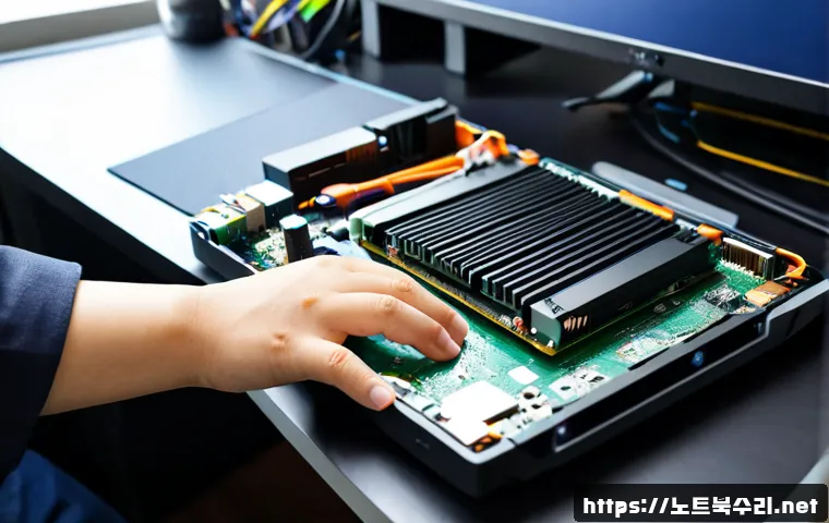 창우동 SSD조립 및 교체수리 - Photorealistic computer repair workstation in Changu-dong, technician installing a compact NVMe SSD ...