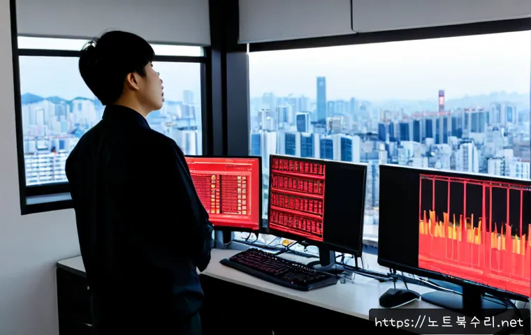 일원동 STATUS_KERNEL_REGISTRY_ERROR - Photorealistic IT support workstation in Ilwon-dong, Seoul, dual monitors showing abstract red syste...