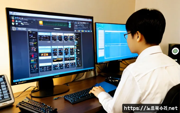 광석동 STATUS_DEVICE_OFFLINE - Photorealistic IT support workstation in a compact Korean apartment office, dual monitors showing an...