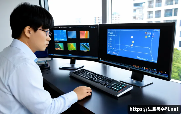 파장동 CRITICAL_PROCESS_DIED - Photorealistic IT support workstation in a modern Suwon office, dual monitors with a blank blue syst...