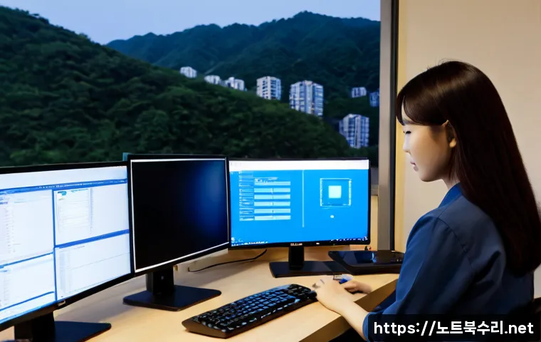 회현동 HAL_INITIALIZATION_FAILED - Photorealistic remote-support workstation in a compact Hoehyeon-dong office, dual monitors showing a...