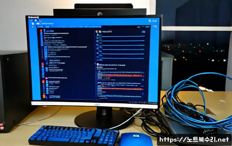 당동 WATCHDOG_VIOLATION - Photorealistic remote IT support workstation in Dangdong, a dual-monitor desktop showing a blank blu...
