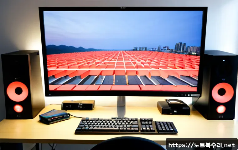 다율동 STATUS_DISK_FULL - Photorealistic Korean office workstation in Dayul-dong, a stressed IT specialist facing a dual-monit...